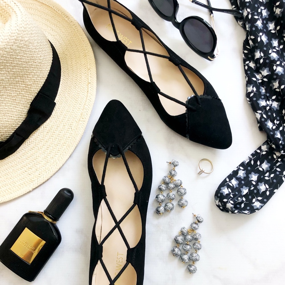 Nine West Black Scalloped Detail Lace Up Flats